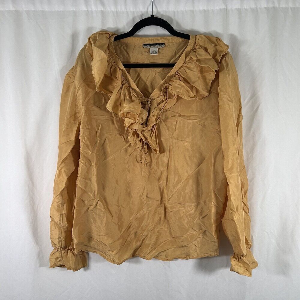 New York Studio Silk Blouse Women's Medium Yellow Long Sleeve Vneck Lightweight